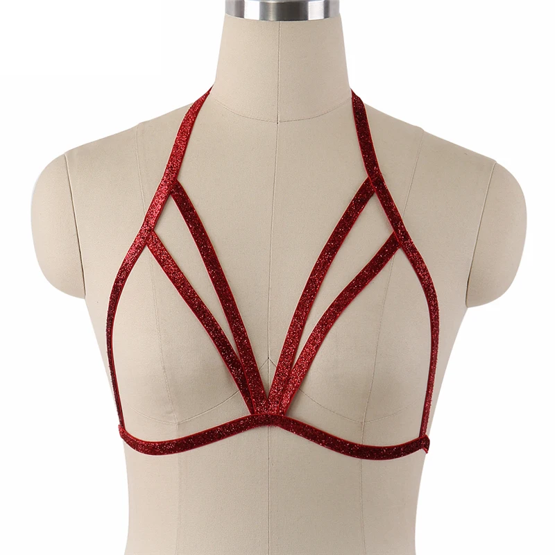 Sexy red clinquant open chest cage bra 90's cupless bralette crop top lingerie neck around elastic body harness O0245