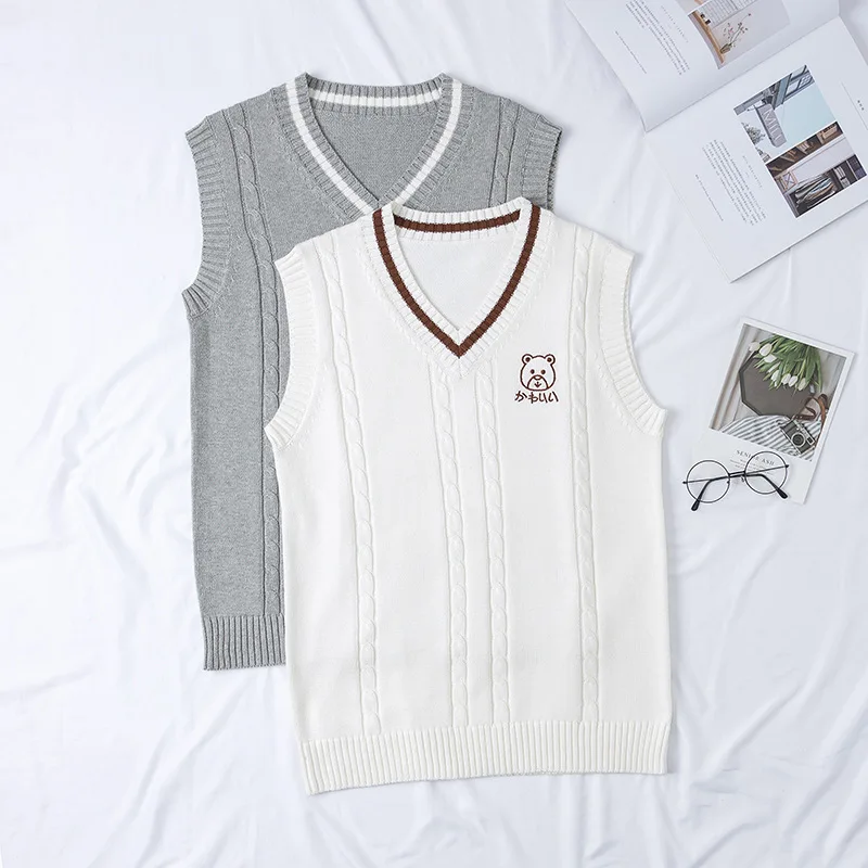 New Fashion Women Cute Bear Embroidery Japanese Cartoon Knit Sleeveless Sweater Vests 2021 Autumn New Female Jk Uniform Sweaters