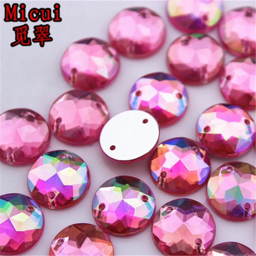 Micui 100PCS 12mm AB Round Acrylic Rhinestones Crystal Flat Back Beads Sew On 2 Holes Stones For Clothing Craft Decoration ZZ327