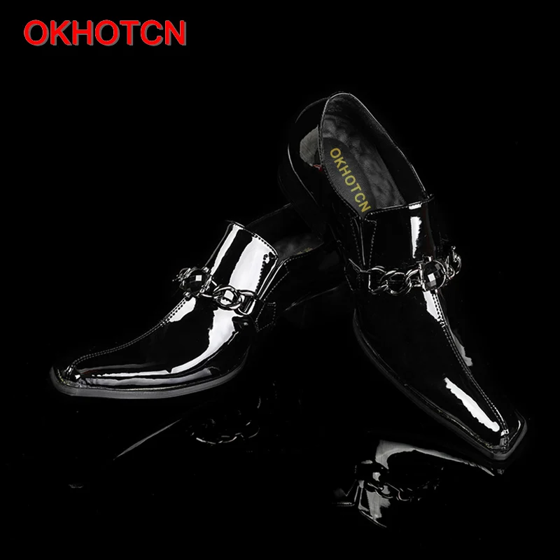 OKHOTCN Pure black man spring autumn shoes genuine leather man formal shoes business party shoes metal decoration square toe