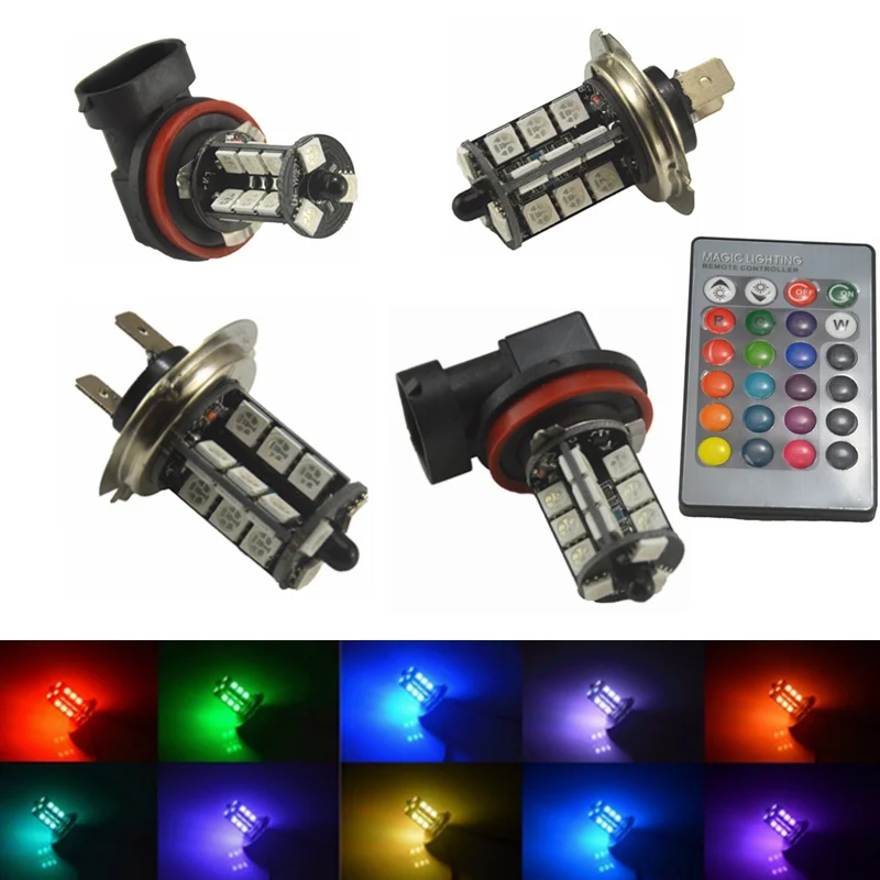 2x Car Styling RGB LED Auto Car Headlight 5050 LED 27 SMD Fog Light Head Lamp Bulb With Remote Control 9005 9006 H11 H7 1156