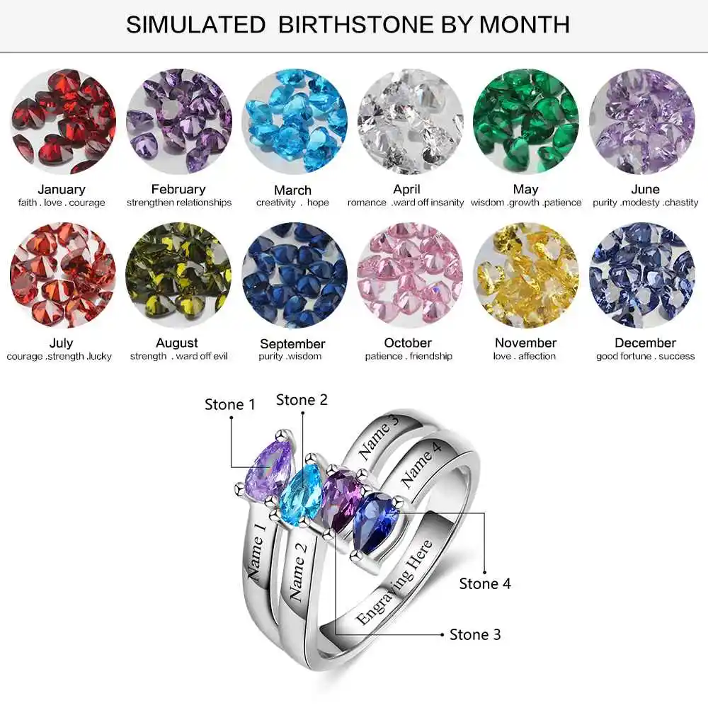 Personalized Gift for Friendship Engrave 4 Names Sister Birthstone Promise Rings 925 Sterling Silver Jewelry (JewelOra RI103283)