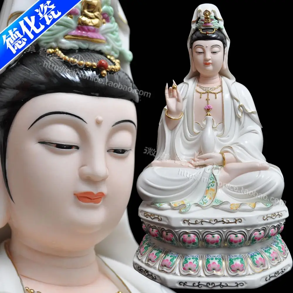 

Micro beautiful 16 inch painted gold sitting lotus Guanyin Buddha Buddhist ceramic crafts like Feng Shui town house in Dehua