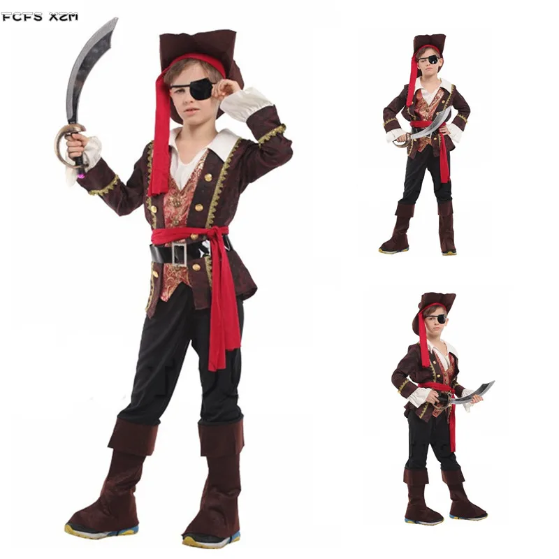 M-XL Boys Halloween One-eye Pirates Costumes Kids Children Robber Warrior Seaman Cosplay Carnival Purim Masquerade Party Dress