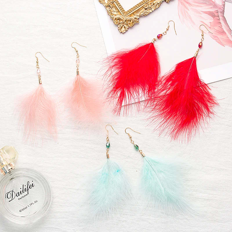 GRACE JUN Hot Sale Large Feather Crystal Clip on Earrings and Long Drop Pierced Earrings Party Wedding Charm Earrings Wholesale