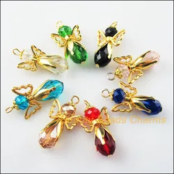 8Pcs Gold Color Wings Dancing Mixed Crystal Angel Charms Pendants 18x34mm