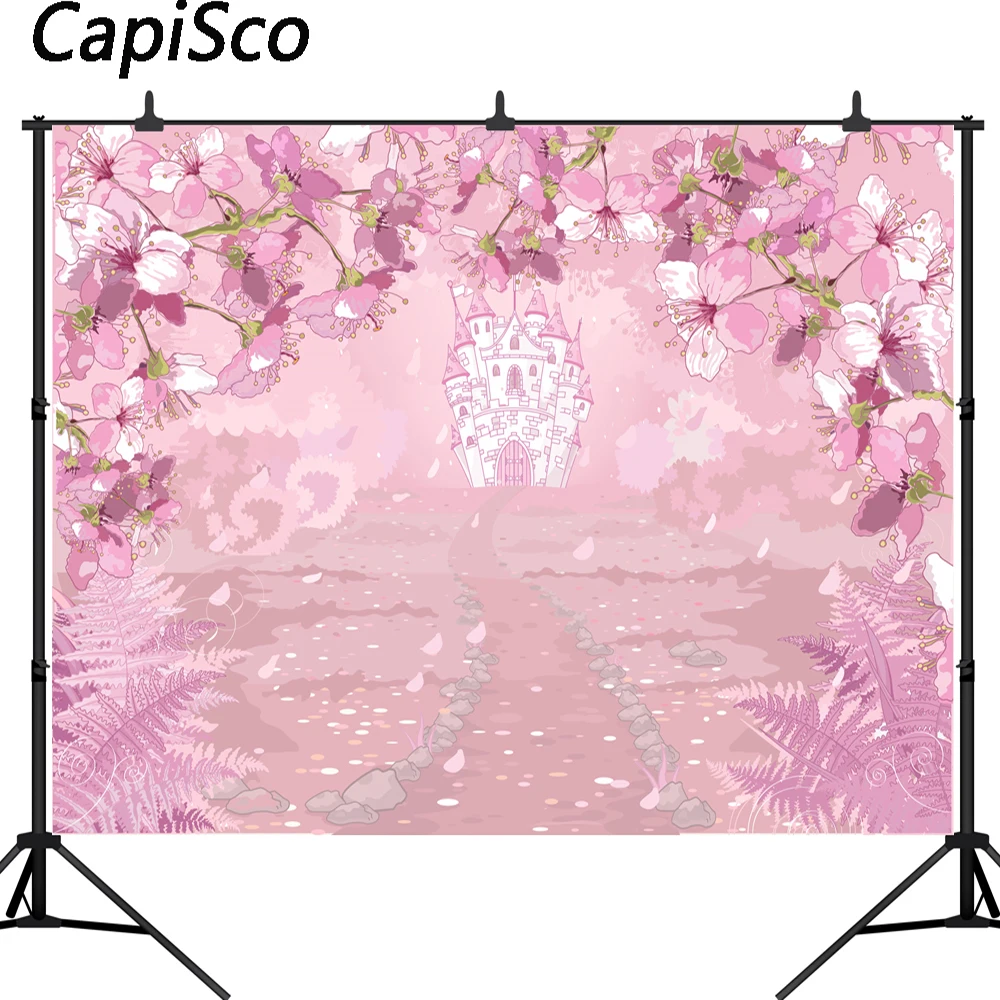 Capisco Pink Flowers Spring Photography Backdrop Fairy tale Princess Castle baby shower Children birthday party Photo Background