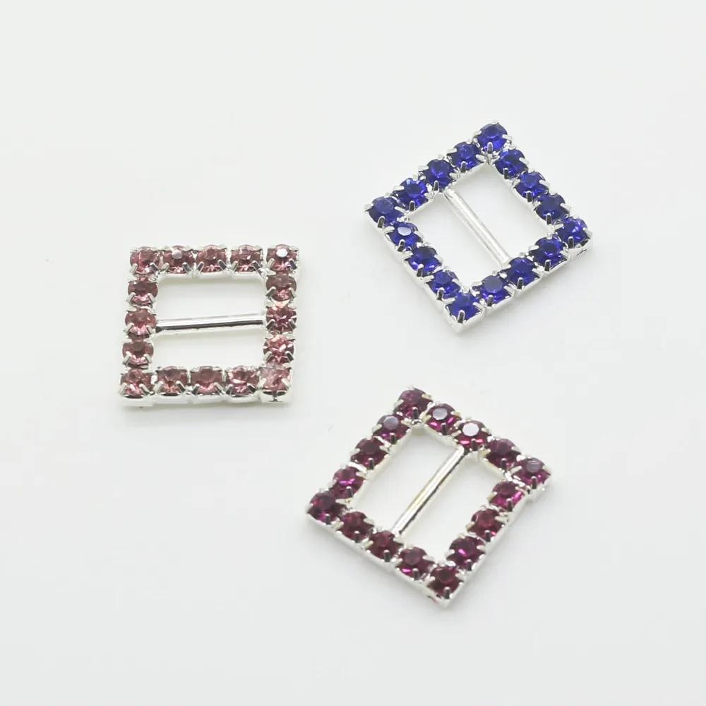 Colorful 10pcs/lot 16mm Square Crystal Rhinestone buckles Diamante buckle invitation Ribbon Slider for Wedding Supply Gift Wrap