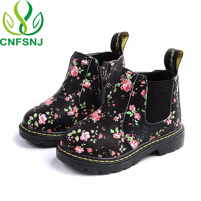 CNFSNJ new spring winter Girls Boots Floral Martin Boots 21-36 Kids Rubber Sole Graceful Flower Print PU Leather Bottes sneakers