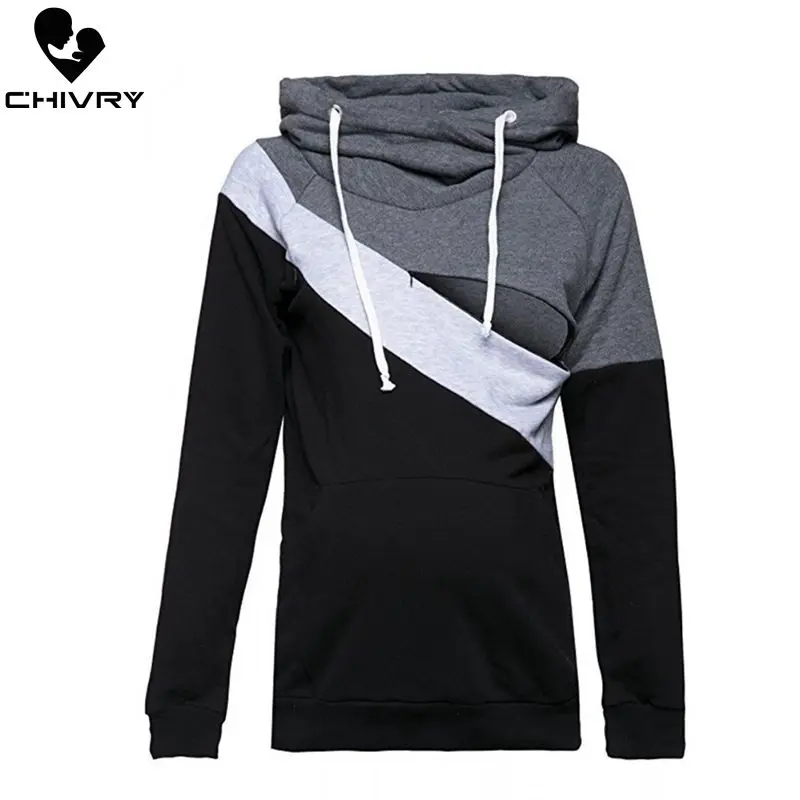 Chivry Maternity Patchwork Sweatshirt Breastfeeding Clothes Hooded Pregnant Hoodies Women Nursing Tops Pregnancy Sweatshirt