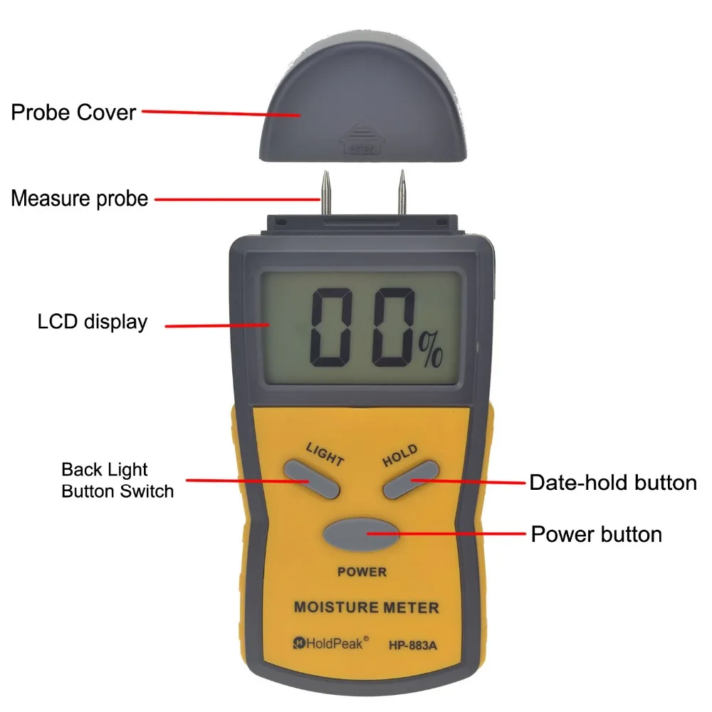 HoldPeak HP-883A  Wood Moisture Meter  LED Display Probe Measure Tpye 50mm Induction Depth Back light Data hold Auto Power off