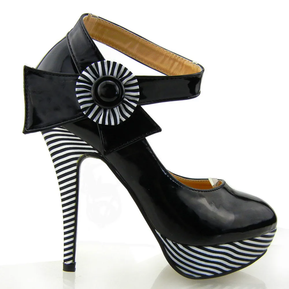 

LF30404-1 New Ladies Flower Ankle Strap Stripe Platform Party Pumps