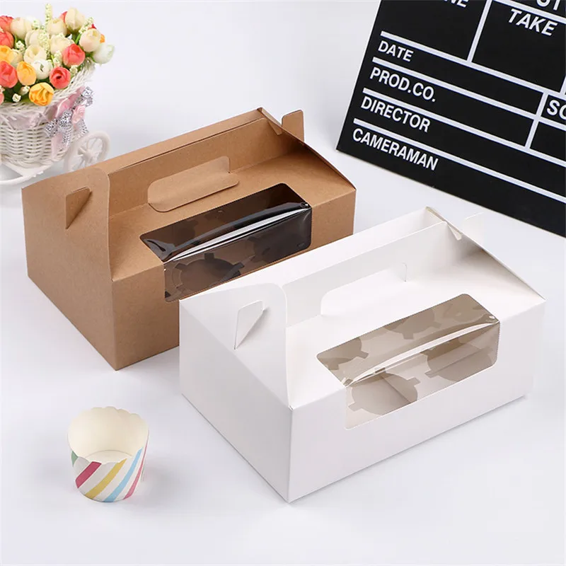 

300pcs/lot Brown/White 6 Cupcake box Kraft paper cake boxes and packaging with handle Wedding gift box Packaging box