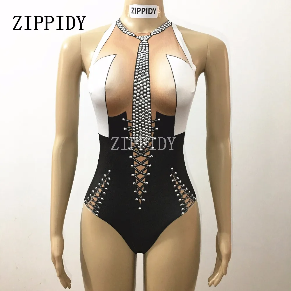 Sexy Rhinestones Bling Tie Design Black Bodysuit Teacher Costume Bar Jazz Dance Singer Show Outfit Performance Stretch Leotard