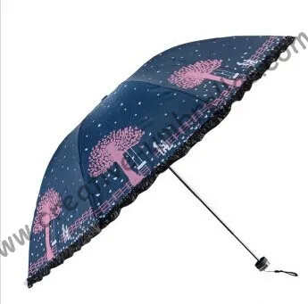 Parasol d'été à trois plis pour femmes, à franges de laçage, ouvert à la main, coupe-vent, sac de protection UV, revêtement noir, commande mixte OK