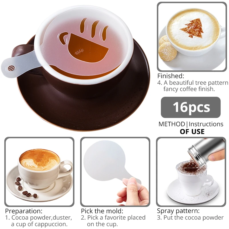 16Pcs Cappuccino Mold Fancy Coffee Printing Model Barista Tools Latte Art Maker Cappuccino Coffee Accessories