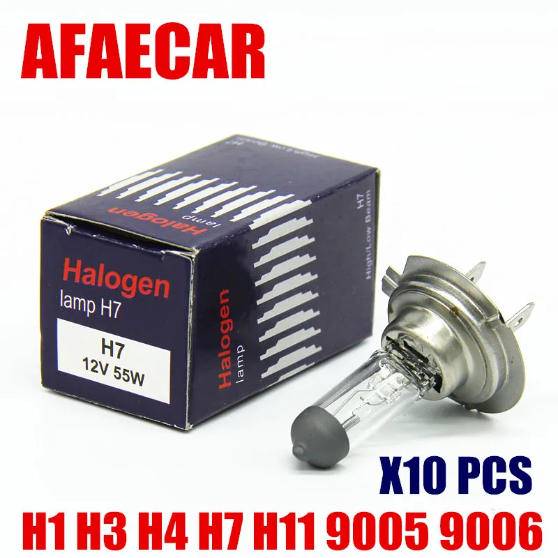 

AFAECAR 10 шт. 55 Вт H7 12 В H1 H3 H4 H8 H9 H11 Hb3 9005 HB4 9006 Автомобильные фары галогенные лампы