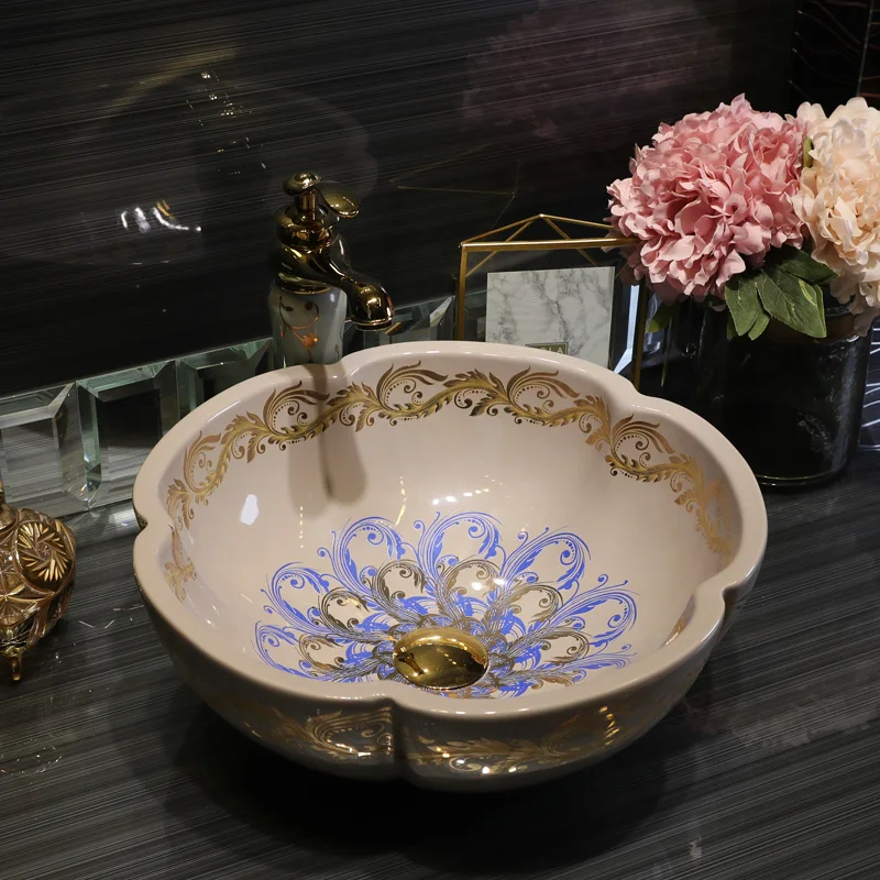 3 color Flower Luxurious Glazed Europe Vintage Style Art wash basin sink Countertop Basin Sink paint ceramic sink bathroom blue