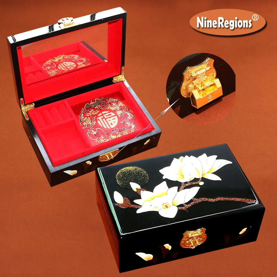 

PingYao Shanxi China hand push brush light lacquer box Double-deck Chinese lacquerware jewelry case wooden dressing Dressing box