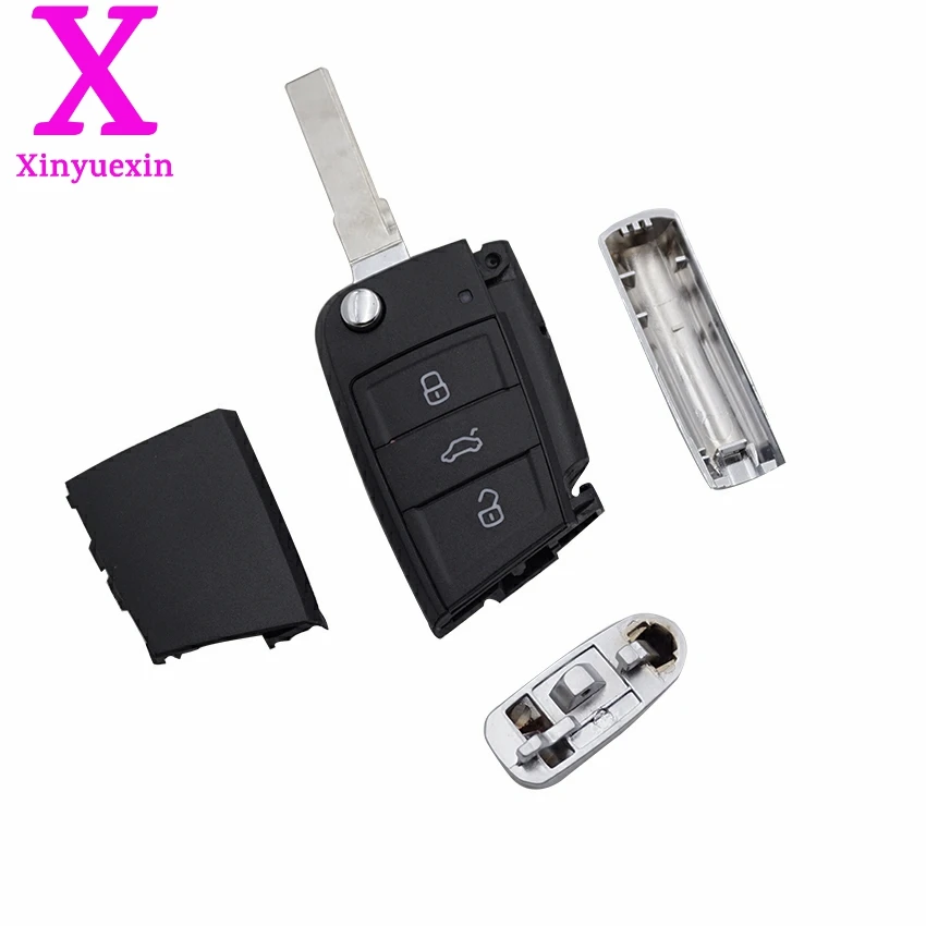 Xinyuexin Folding Remote Key Shell FOB Case for VW Golf 7 for Skoda Octavia A7 Flip 3Button Flip Key Cover for Golf MK7 No Logo