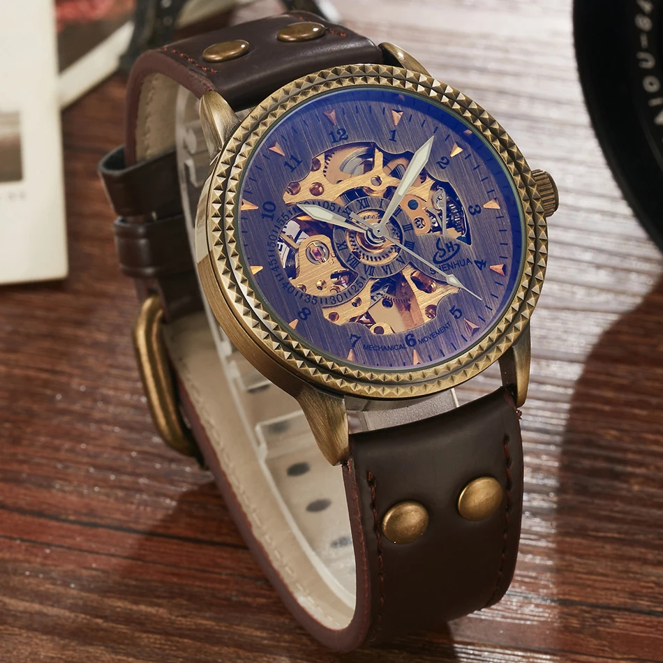 Retro Top Brand Luxury Mechanical Men Watch Leather Strap Vintage Skeleton Automatic Male Wristwatch Clock Relogio Masculino New