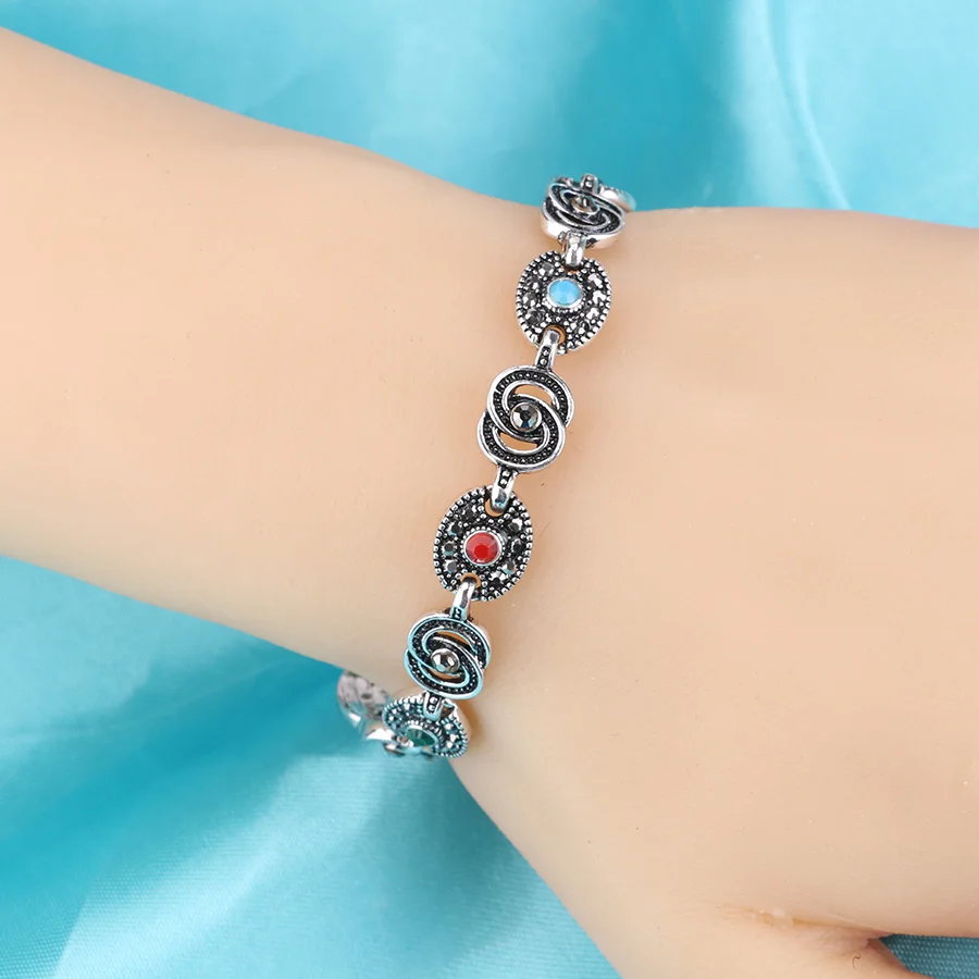 Wholesale Vintage Tibetan Silver Color Cross Circle Charm Bracelets & Bangles For Women Bohemian Fashion Crystal Jewelry 2018