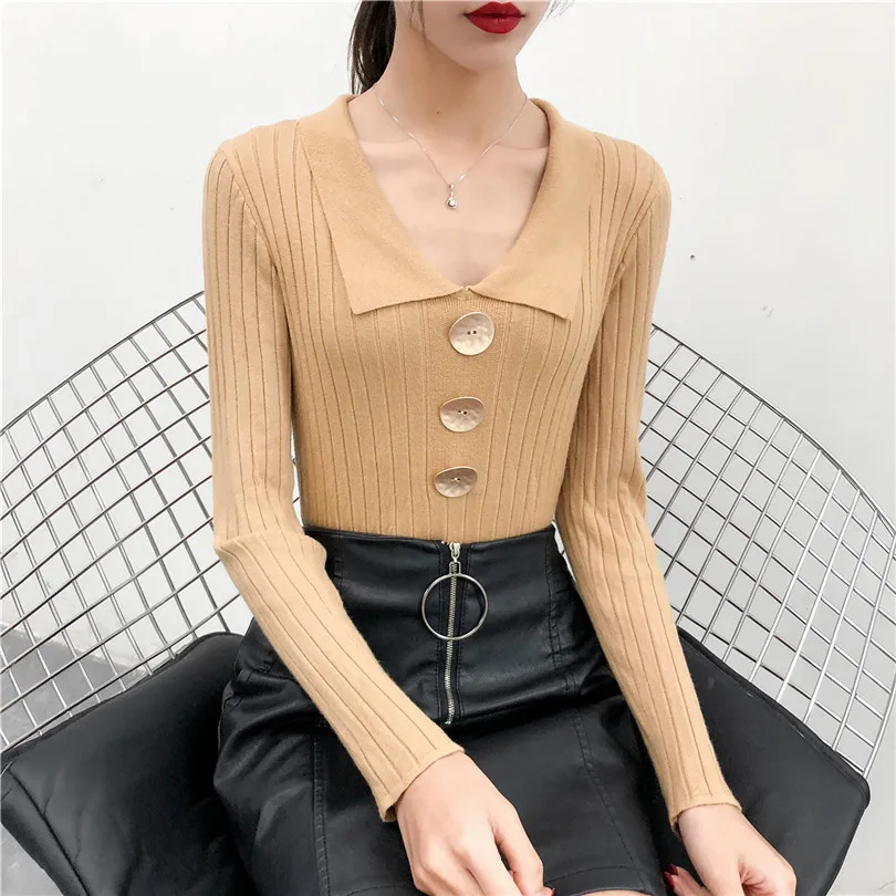 Fall Winter Women Knitting Full Sleeve Buttons Sweaters Pullovers Girls Knitted Tops Knitwear Clothing Woman