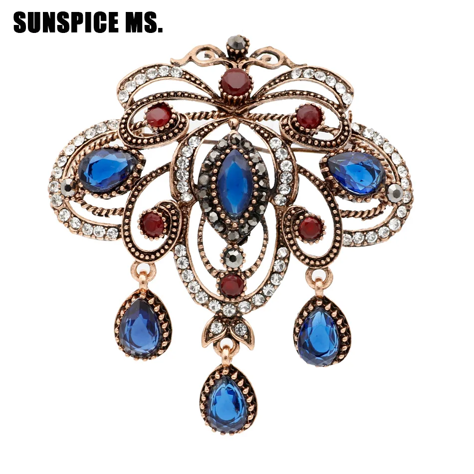 Vintage Turkish Women Hollow Flower Resin Brooch Pins Antique Gold Color Water Drop Pendant Brooches Indian Ethnic Party Jewelry