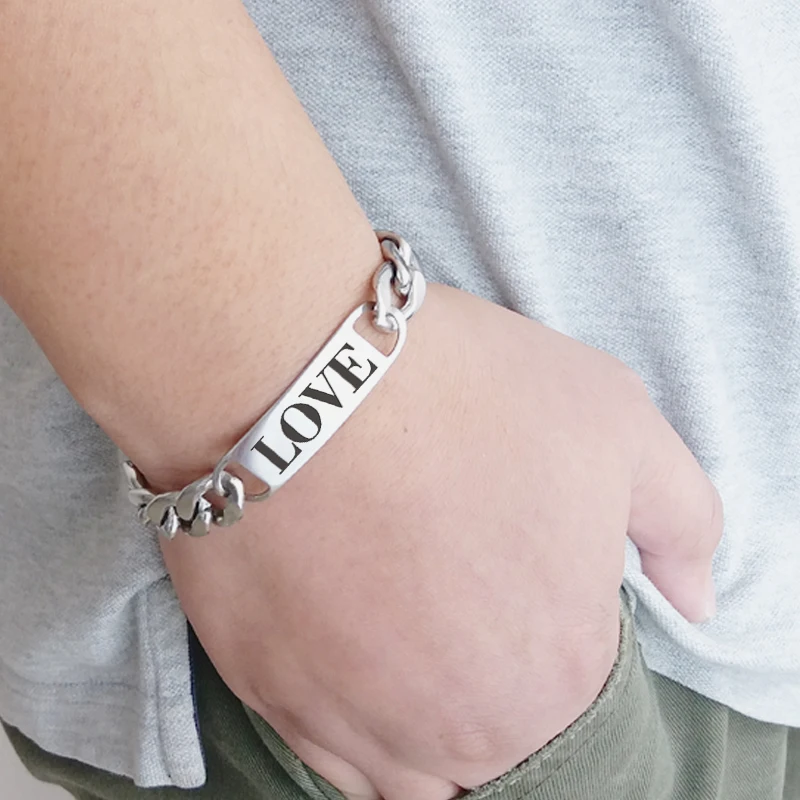 Men English Letters Love Peace Hope Lucky Bracelet Engraving Punk Stainless Steel Fashion Accessories Jewelry