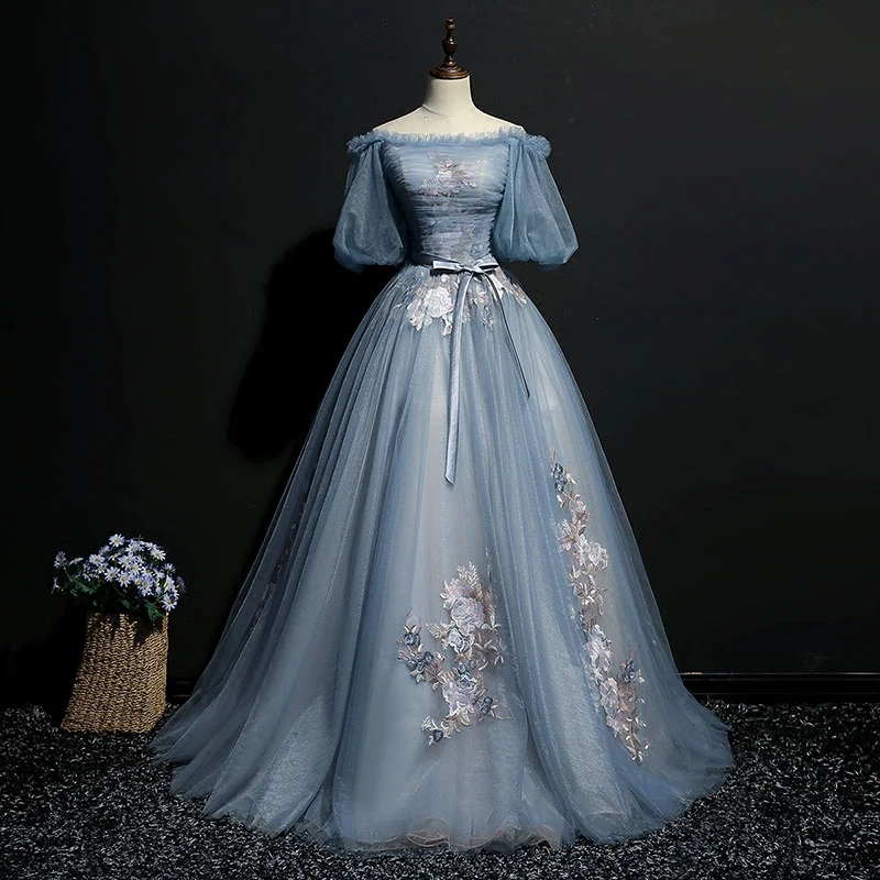 100% real light ash blue vintage bubble cosplay ball gown medieval dress Renaissance gown queen Victorian Belle Ball gown