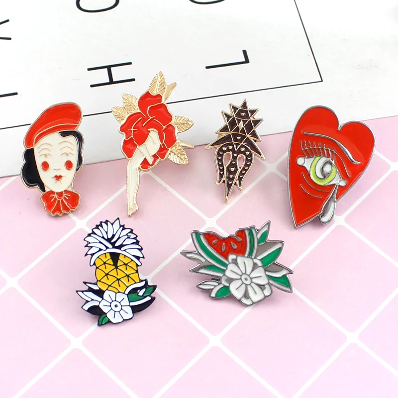 Fashion Cute Pineapple Flower Torch Candle Tears Heart Red Rose Leg Red Hat Girl Metal Enamel Brooch Men's Jewelry Best Gift