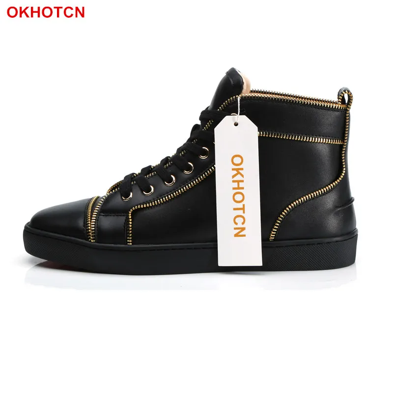 Lace Up Mens Shoes Casual Luxury Shoes Men Gold Zipper Bordered Mens Black High Tops Sneakers Spring Autumn Mens Moccasins Shoes