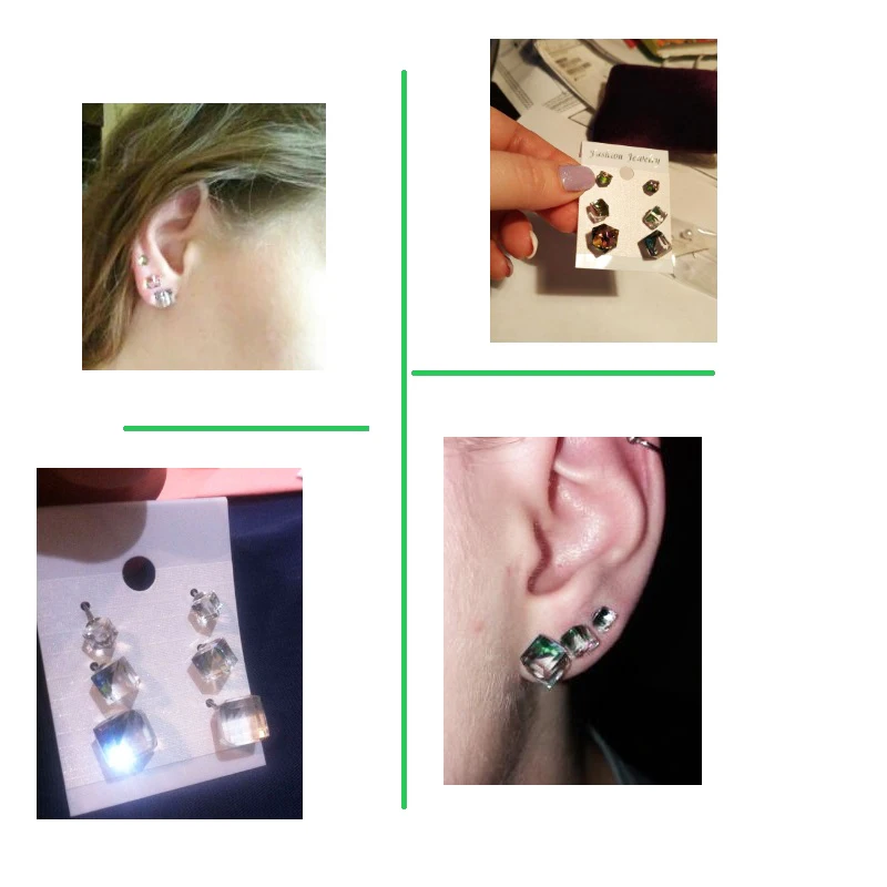 6 PCs 1 set Charming Attractive Gradual Change Austrian Crystal Cube Stud Earrings female and male earrings simple