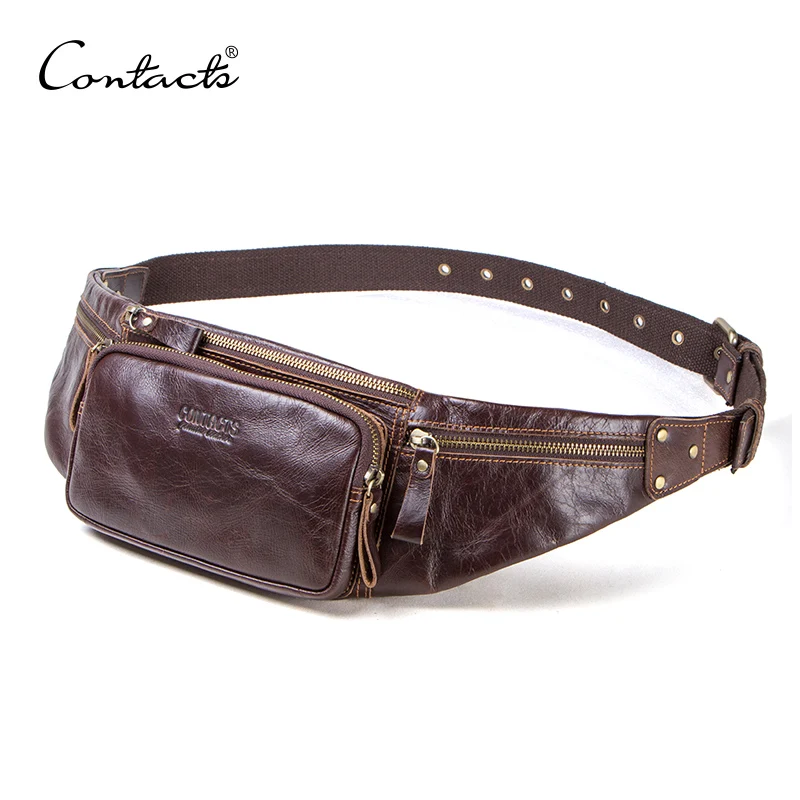 CONTACT\'S Cow Leather Men Waist Bag New Casual Small Fanny Pack Male Waist Pack For Cell Phone And Credit Cards Travel Chest Bag