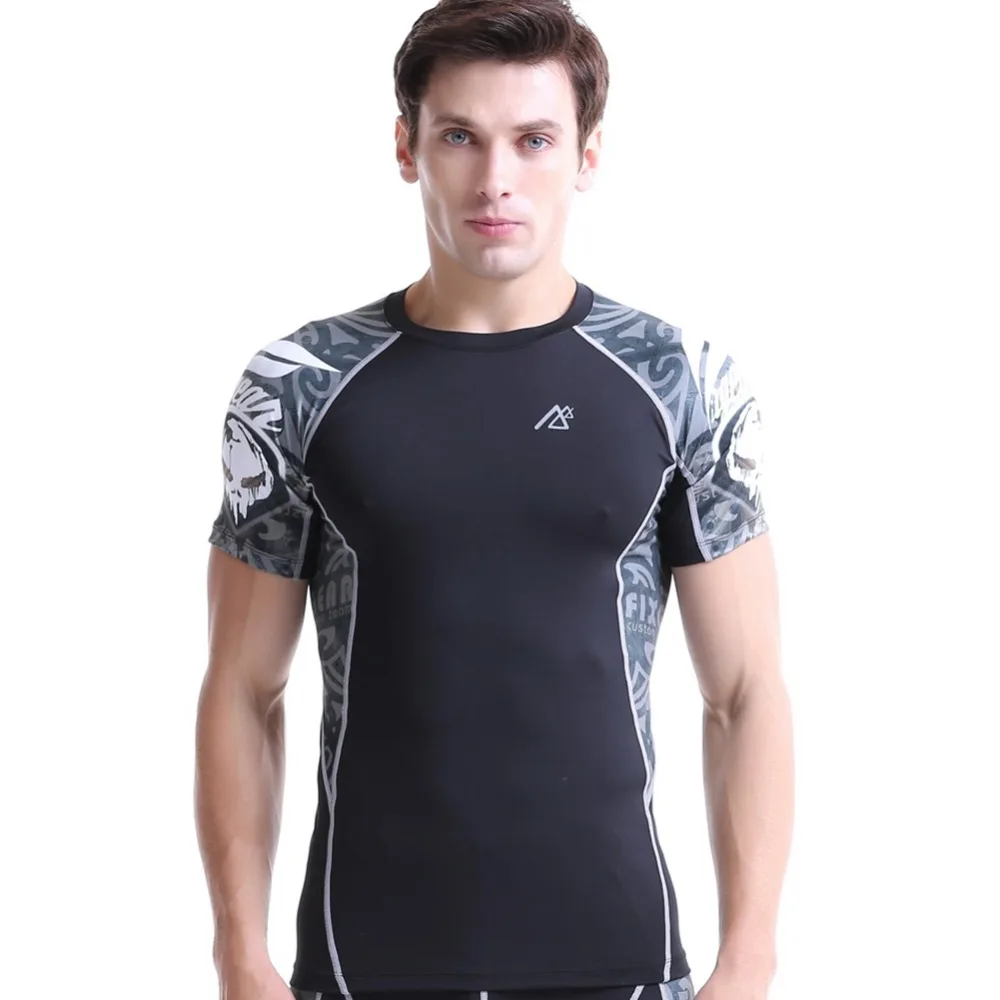 

Men`s Short Sleeve Second Skin Compression Shirts Technical Graphics on Sleeves and Sides MMA Gym Crossfit Running Tops Tees