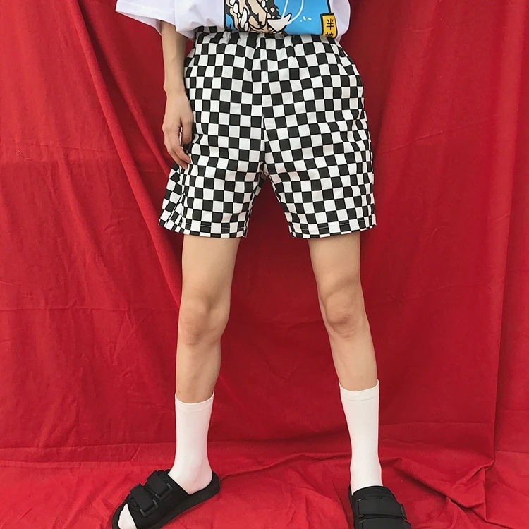 Punk Plaid Shorts Women and Men Summer Plus Size Large Elastic Waist Casual Loose Short Pants Pockets Wide Leg Pantalones Cortos