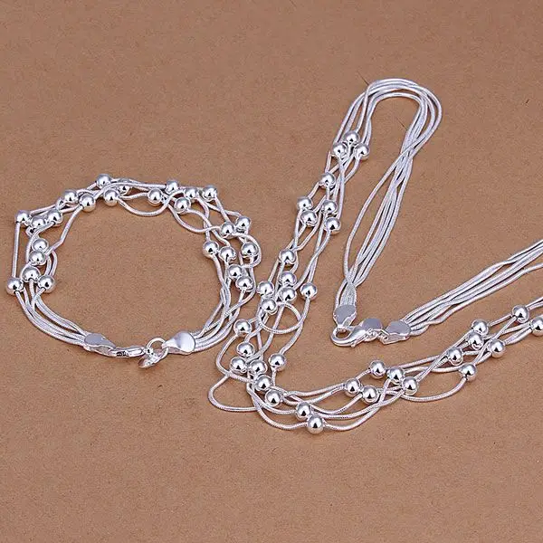 Wedding Party Gifts S063 Hot Sale Silver Color Jewelry Sets Wholesale Charms Fashion Five Lines Of Bean