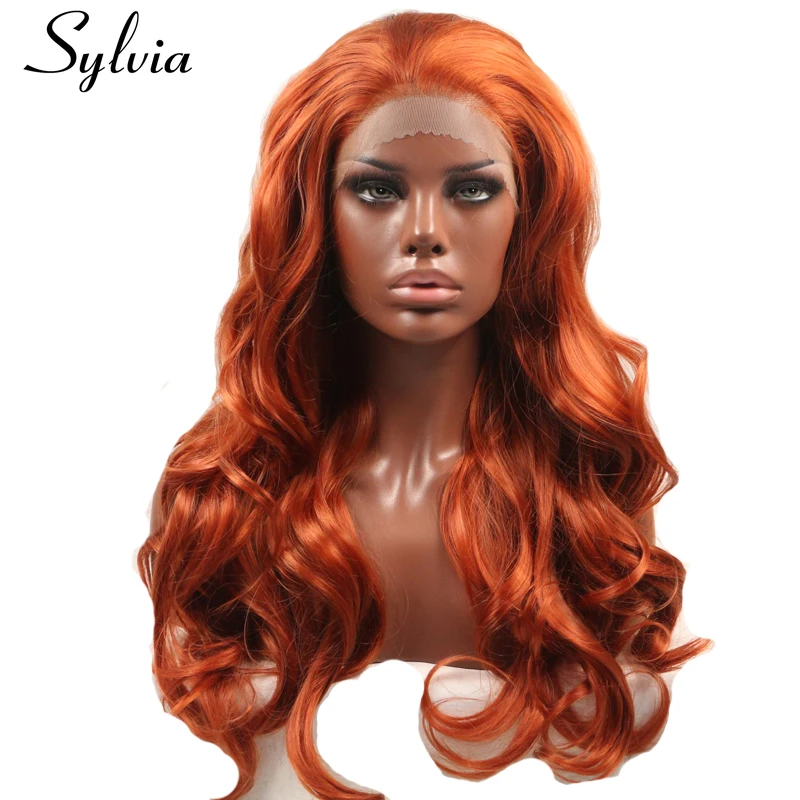 

Sylvia 360# Body Wave Synthetic Lace Front Wigs Free Parting Natural Red Brown Glueless Heat Resistant Fiber Hair for Woman