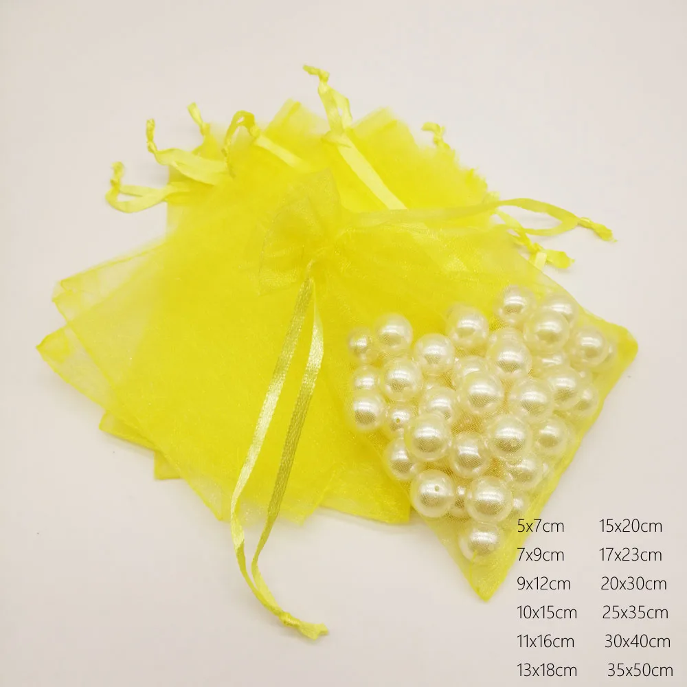 1000pcs Custom Luxury Organza Drawstring Bags Yellow Gift Pouch Sachet Packaging Wedding Party Favors Birthday Displays Jewelry