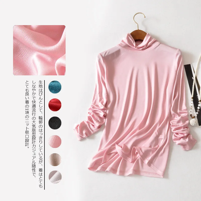 100% mulberry silk double knitted turtleneck thin thermal underwear women long sleeve render unlined upper garment