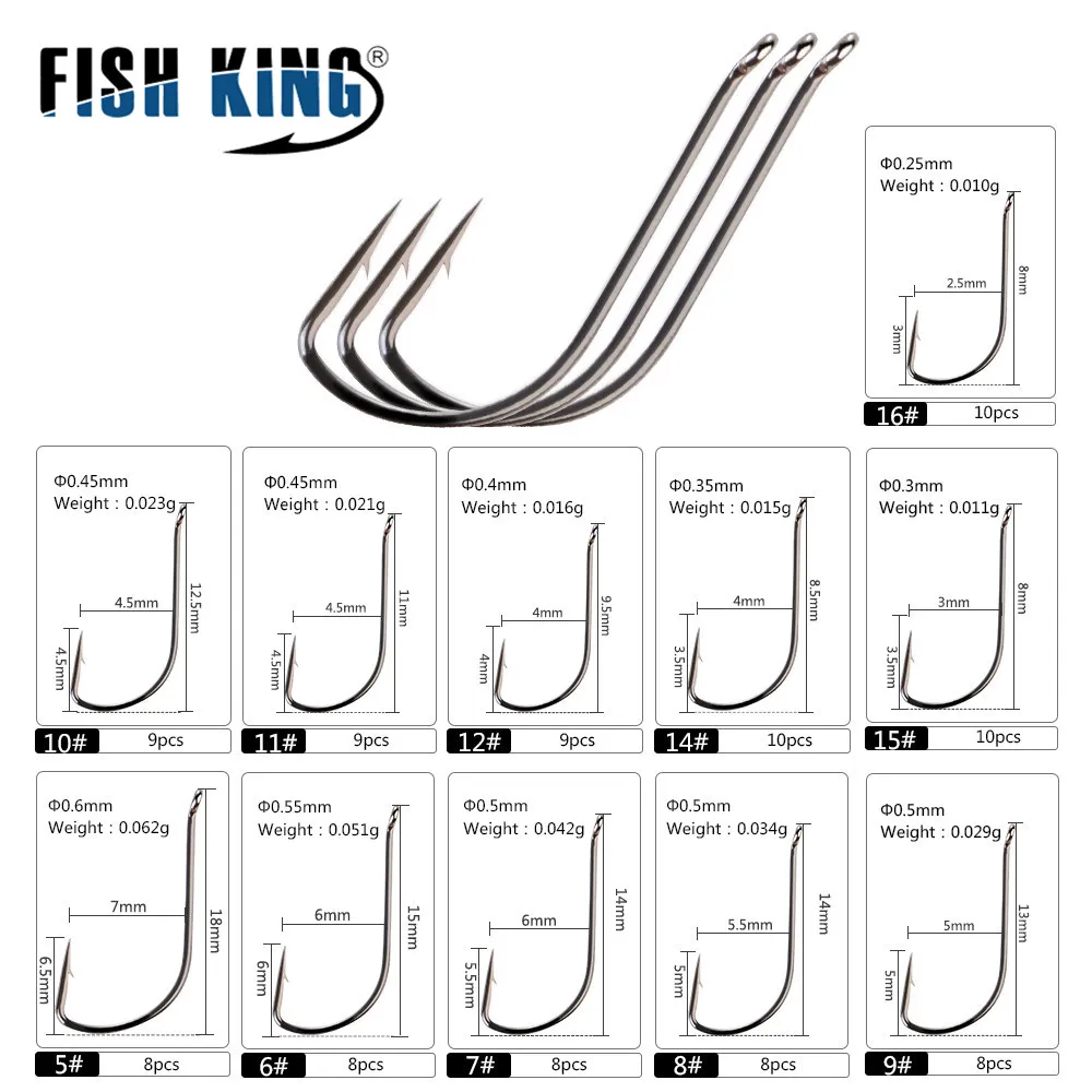 FISH KING 8-10PCS SODE Fishing Hook With Ring Size 5-16# High Carbon Steel Fishing Hooks Jig Barbed Carp Hook