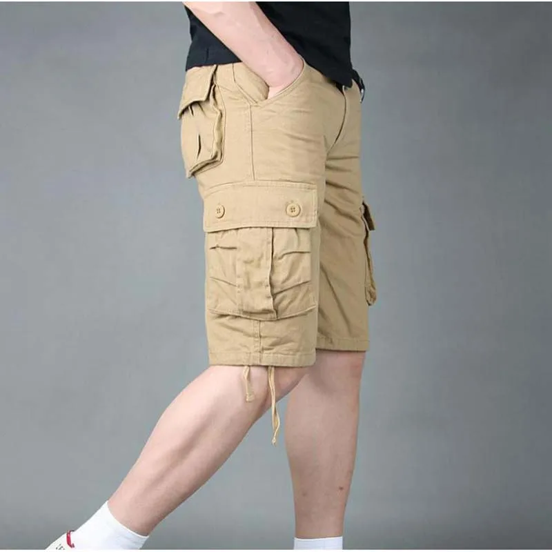 

Summer Men's Baggy Multi Pocket Cargo Straight Shorts breeches Male Long Army Green Khaki Mens Loose Short Plus Size 40 42