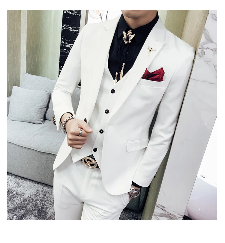 

New Arrival One Button Ivory Groom Tuxedos Groomsmen Peak Lapel Mens Suits Blazers (Jacket+Pants+Vest+Tie) W:1017