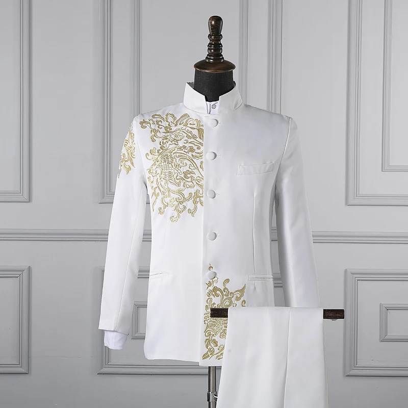 

Chinese style Gold Embroidery Blazers Prom Host Stage Outfit Male Singer Teams Chorus Wedding Costume Black White Men's Suits