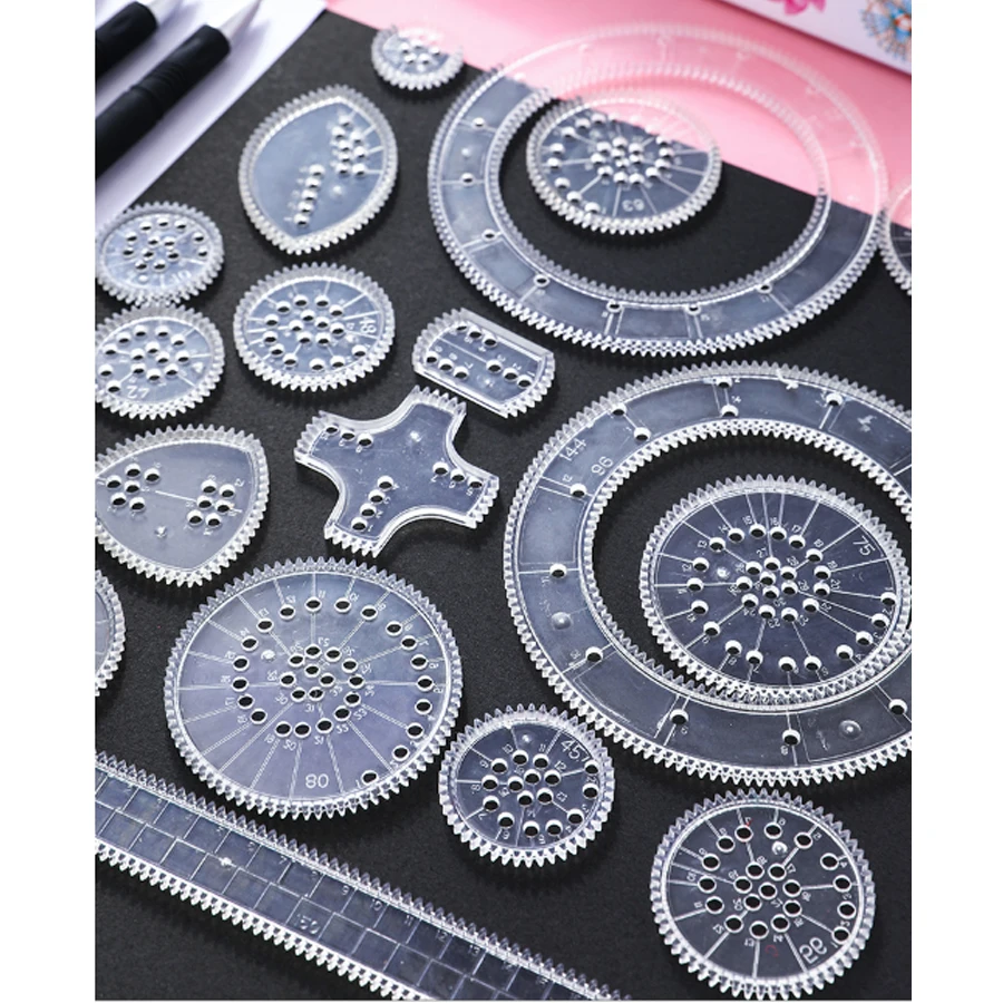 Spiral Drawing Toys Set 22PCS Interlocking Gears & Wheels Drawing Accessories,8pcs blue Ruler Set Educational Toys