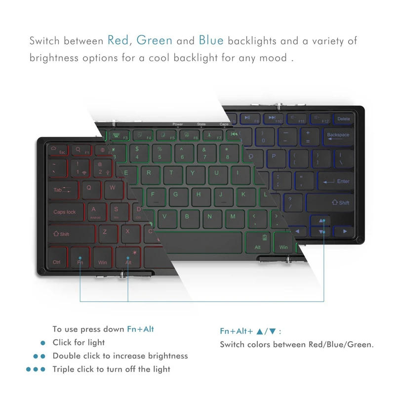 Folding Keyboard Backlit 3-Color, Wire& Wireless Connecting, Tri-Folded Keyboard for iPad Mac iPhone Android Windows iOS