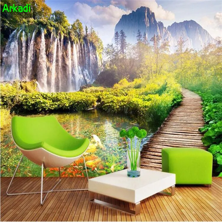 

Custom Photo Background Wallpaper Beautiful Landscape 3D Mural Wallpaper Forest Trees Landscape Waterfall Wooden Bridge