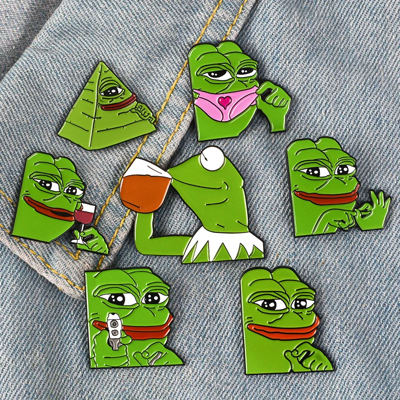 Broches en émail de dessin animé Pepe the Frog Meme, pyramide de tir, pensée à boire, 11 Styles, broche Animal, Badge, bijoux cadeau pour amis