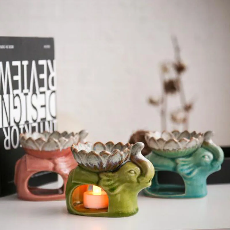 Porcelain Ice Crack Lotus Bowl Elephant Aroma Burner Essential Oil Burner Scented Lamp Tool for Living Room Smell Use Home Decor