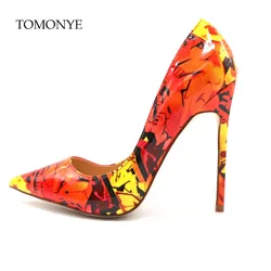 2019 new hot sale maple leaf orange patent leather outstanding color shallow pointed toe women ladies sexy high heel shoes size4